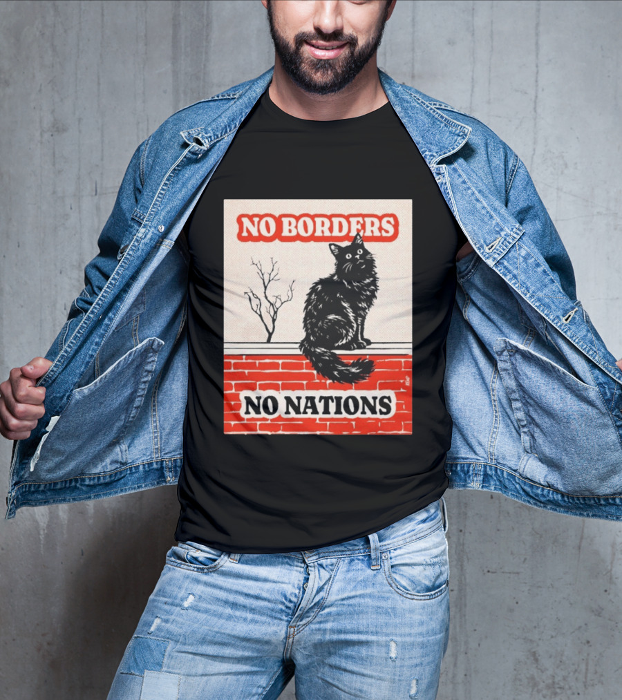 No Borders No Nations Cat Black Feline On Brick Wall T-Shirt