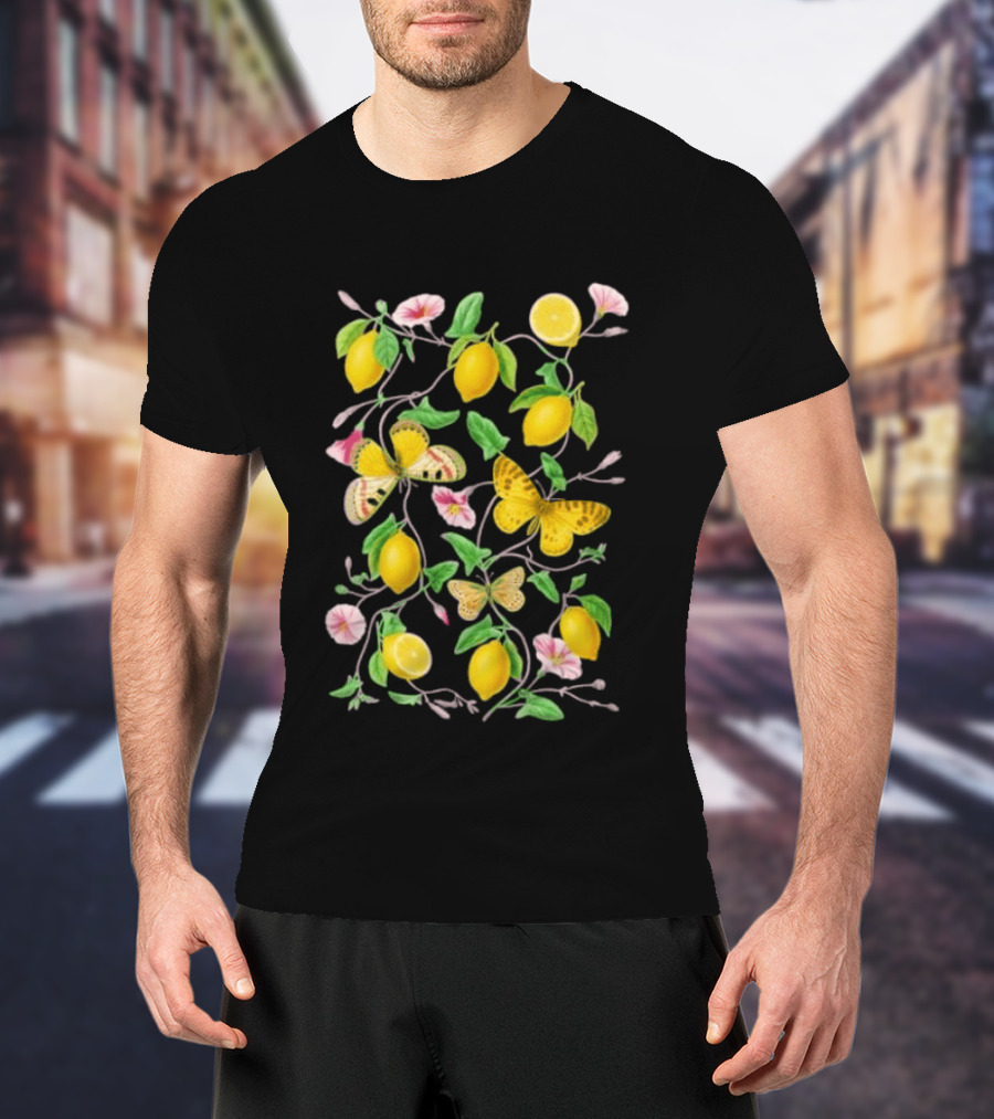 Botanical Lemon Butterfly Pink Flowers And Green Leaves T-Shirt
