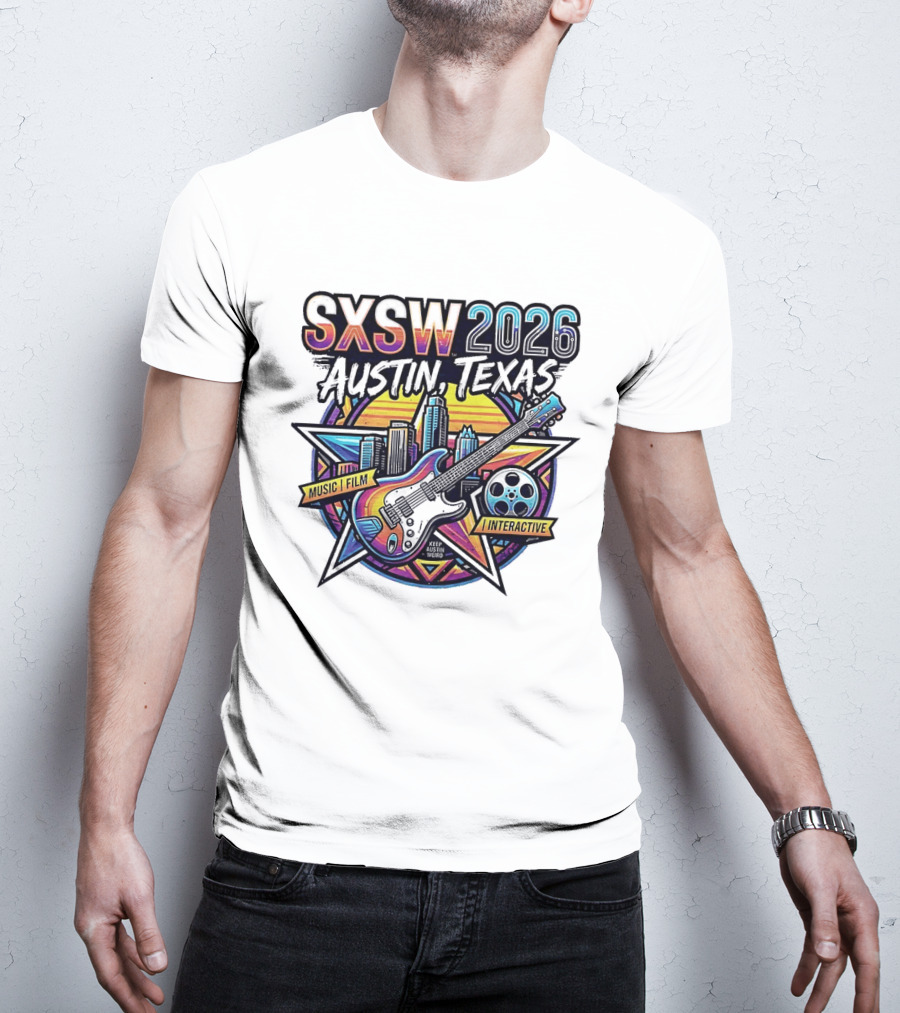 SXSW 2026 Austin Texas Music Film Interactive Guitar Skyline T-Shirt