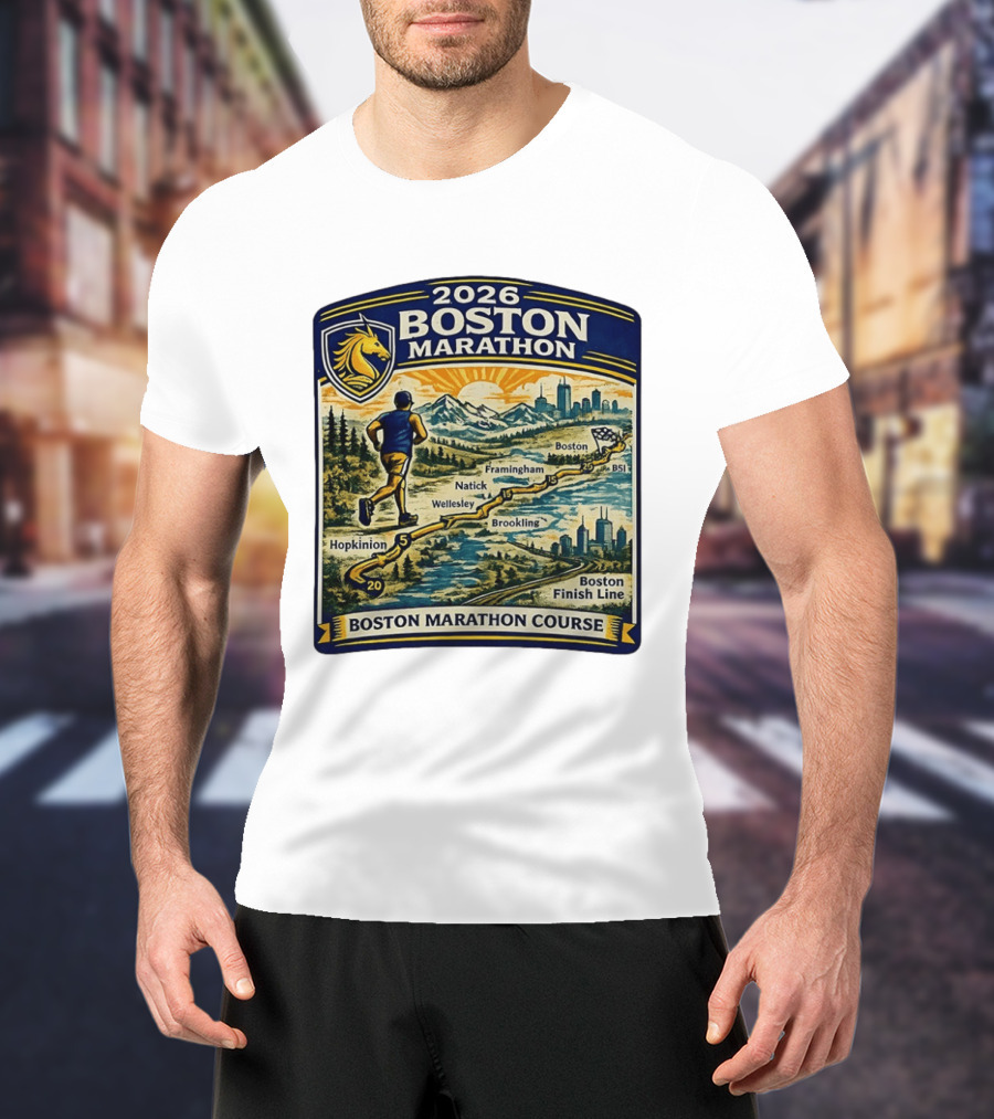 2026 Boston Marathon Course Hopkinton Framingham Natick Wellesley Brookline Finish Line T-Shirt