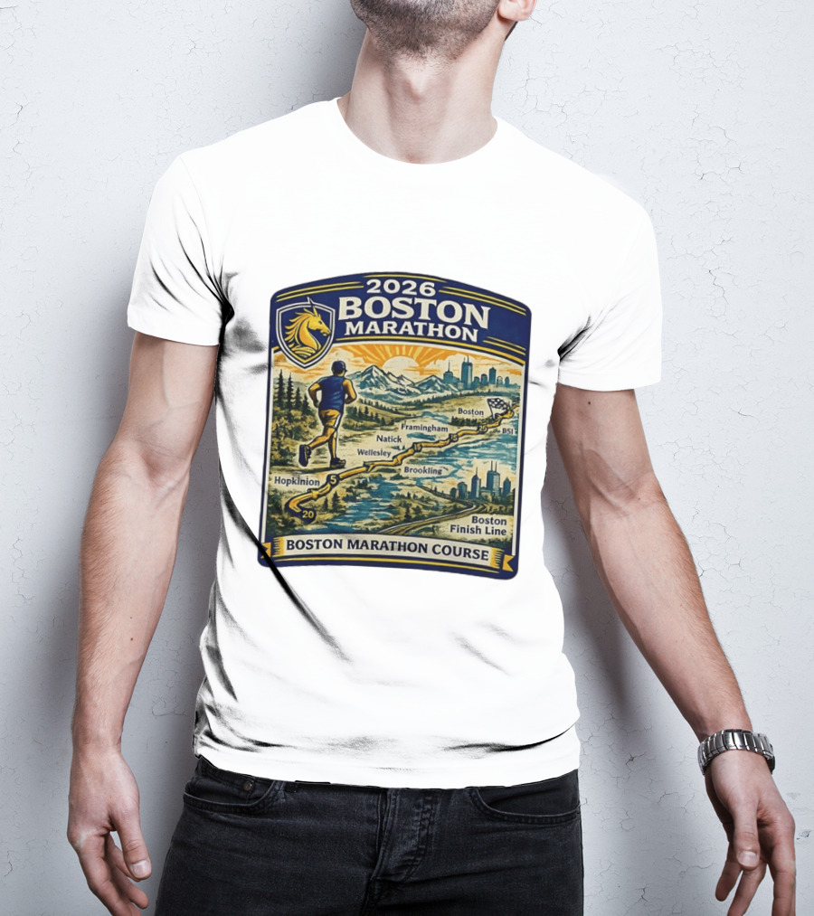 2026 Boston Marathon Course Hopkinton Framingham Natick Wellesley Brookline Finish Line T-Shirt