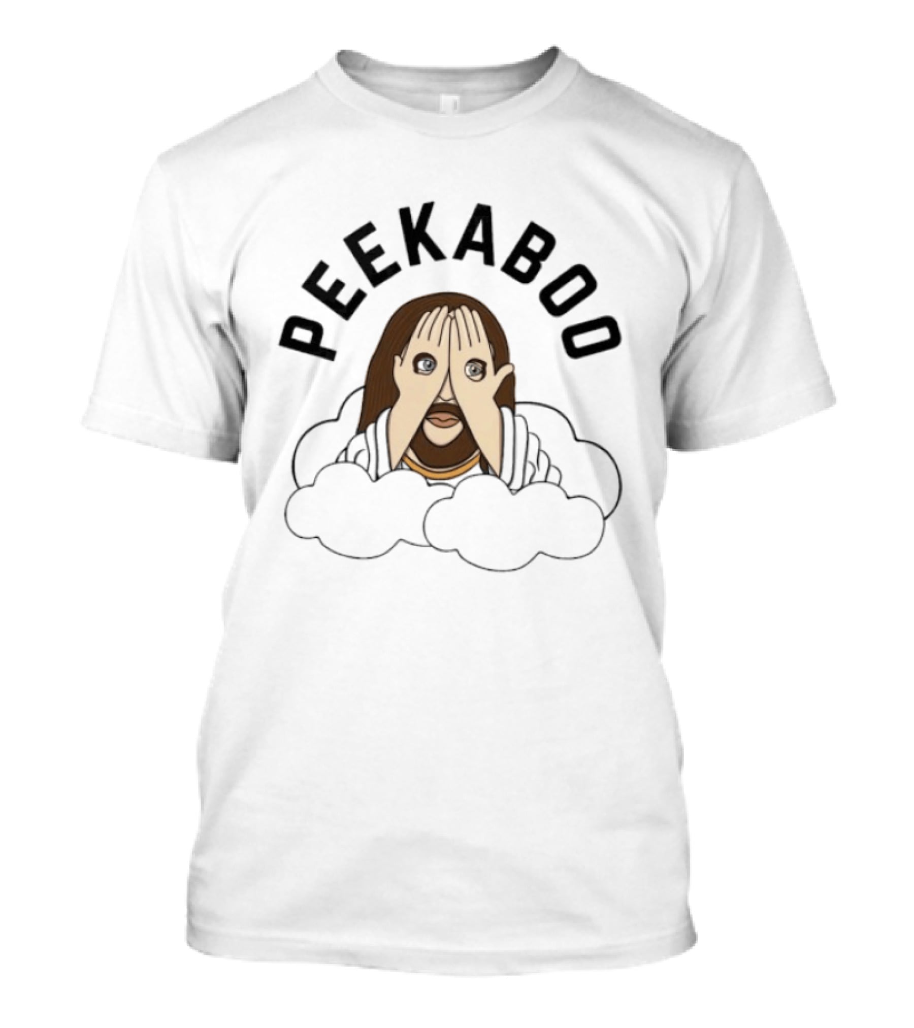 PEEKABOO Jesus Cartoon Clouds Playful Hands Covering Eyes T-Shirt