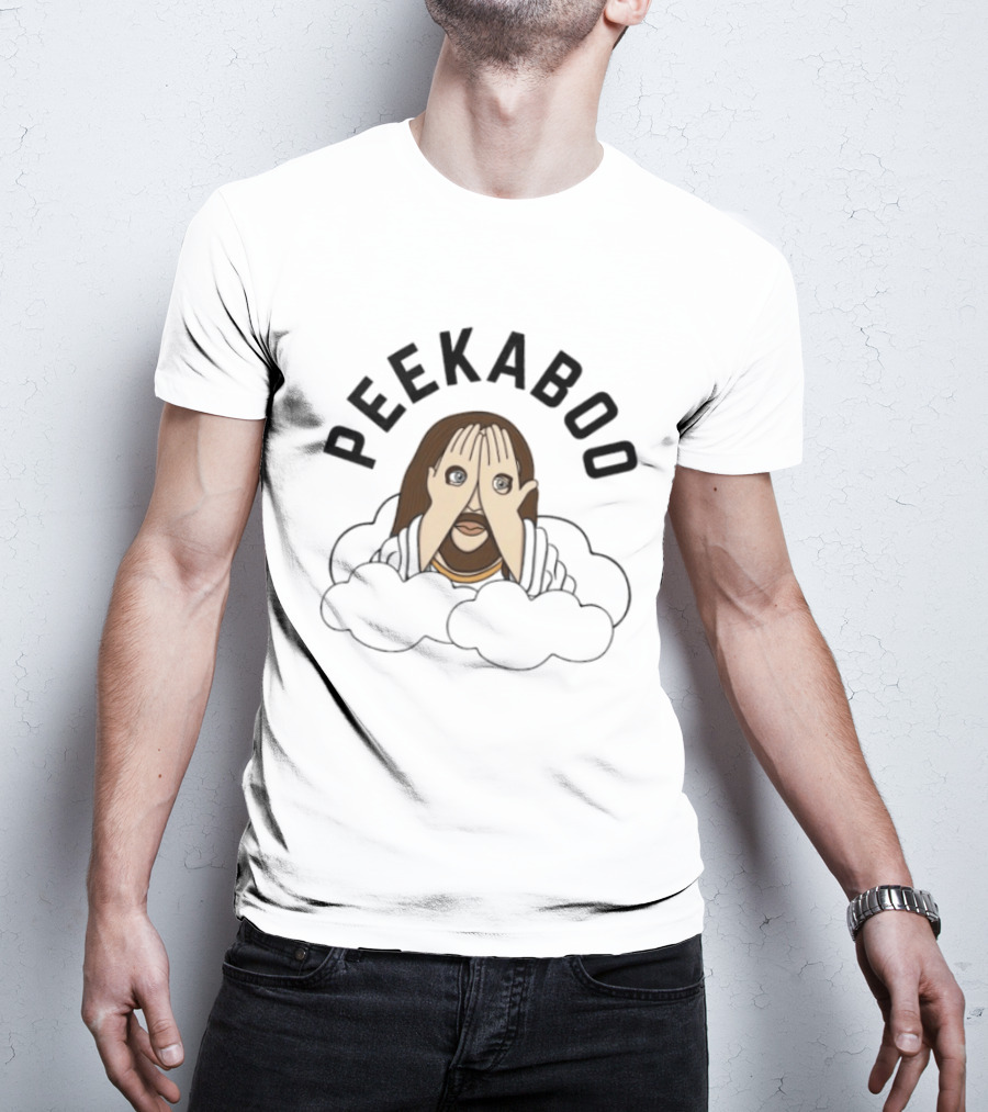 PEEKABOO Jesus Cartoon Clouds Playful Hands Covering Eyes T-Shirt