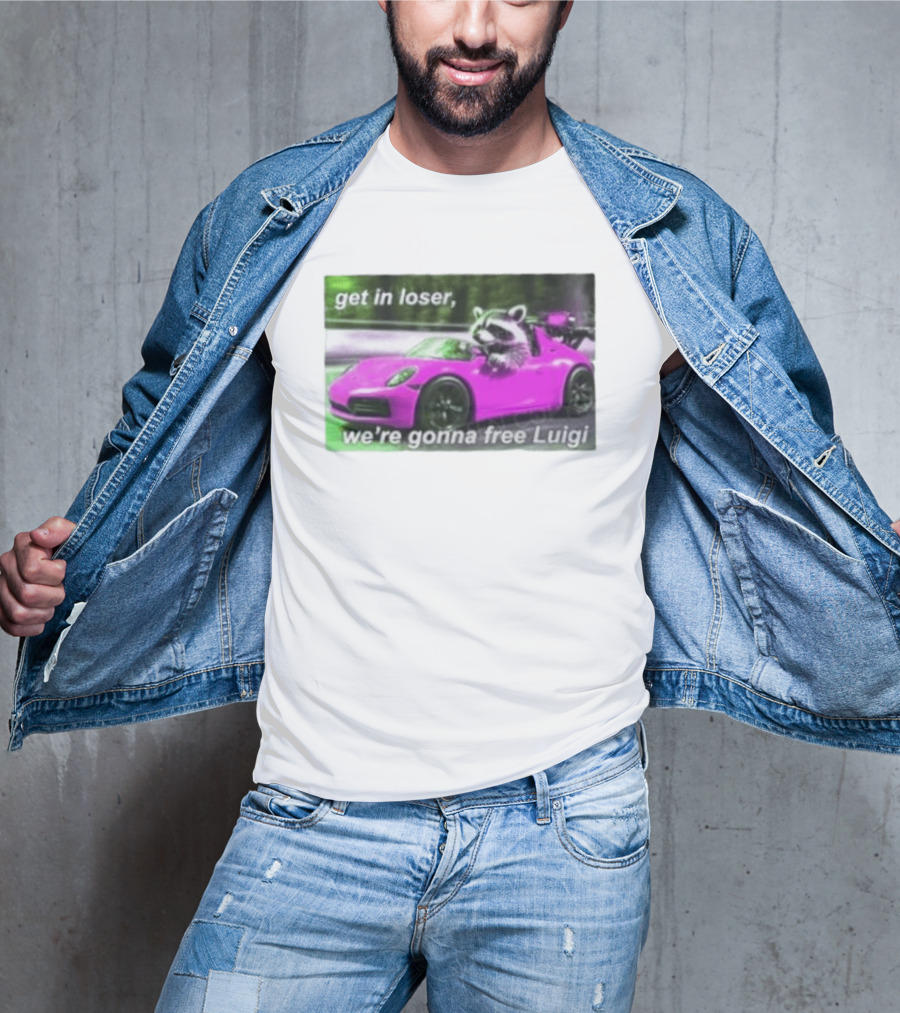 Get In Loser Raccoon Driving Pink Car We're Gonna Free Luigi T-Shirt