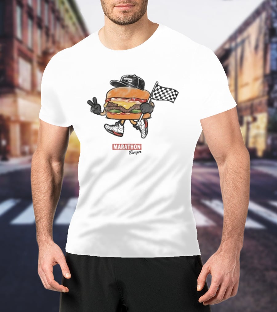 Marathon Burger Cartoon Racing With Peace Sign And Checkered Flag T-Shirt