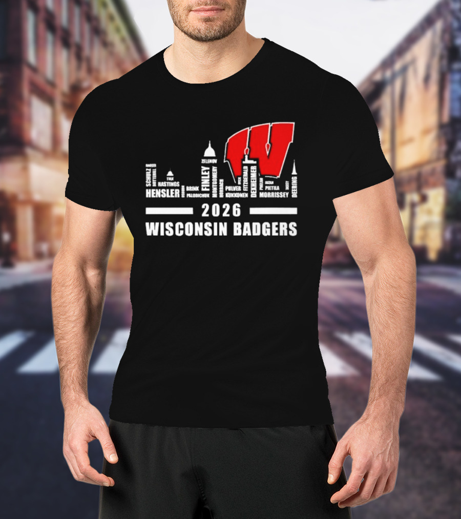 2026 Wisconsin Badgers City Names Skyline Mercer Medford Mosinee Plover Princeton Pulaski Ripon T-Shirt