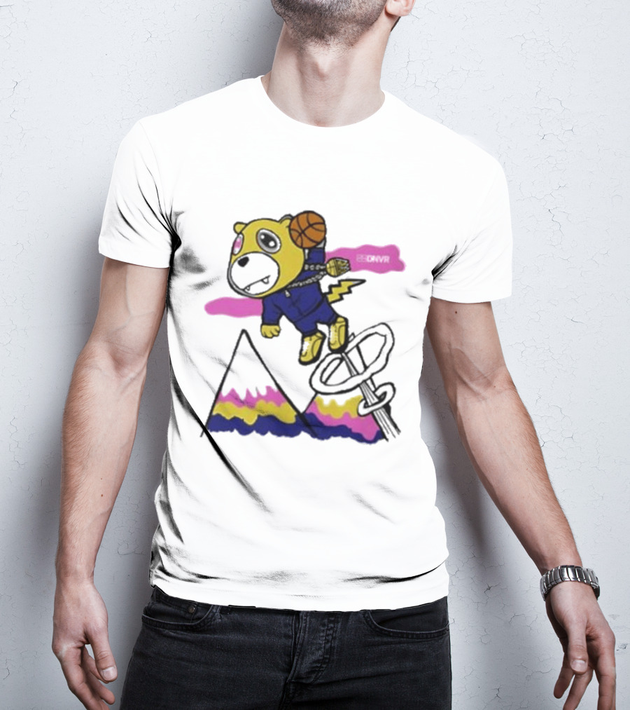 Dnvr Flying Basketball Mascot In Colorful Mountain Scene With Bicycle And Lightning T-Shirt