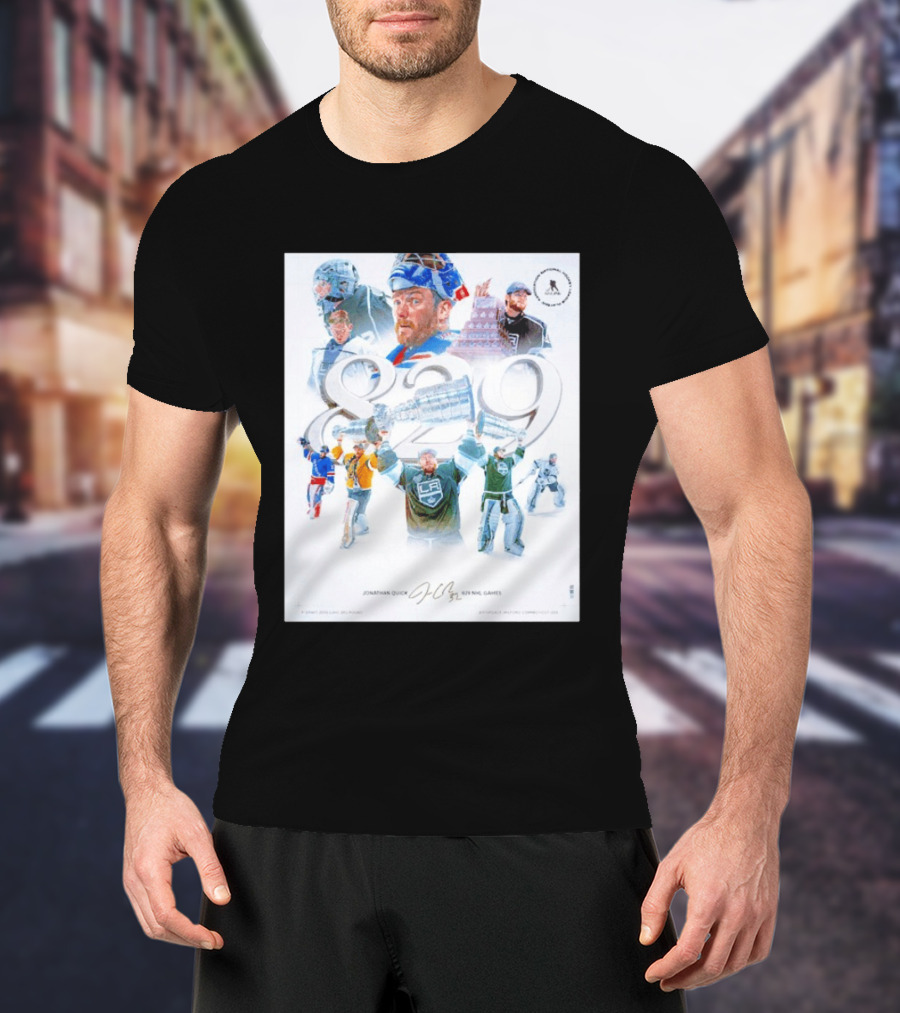 Jonathan Quick 829 NHL Games Collage With Stanley Cup Images T-Shirt