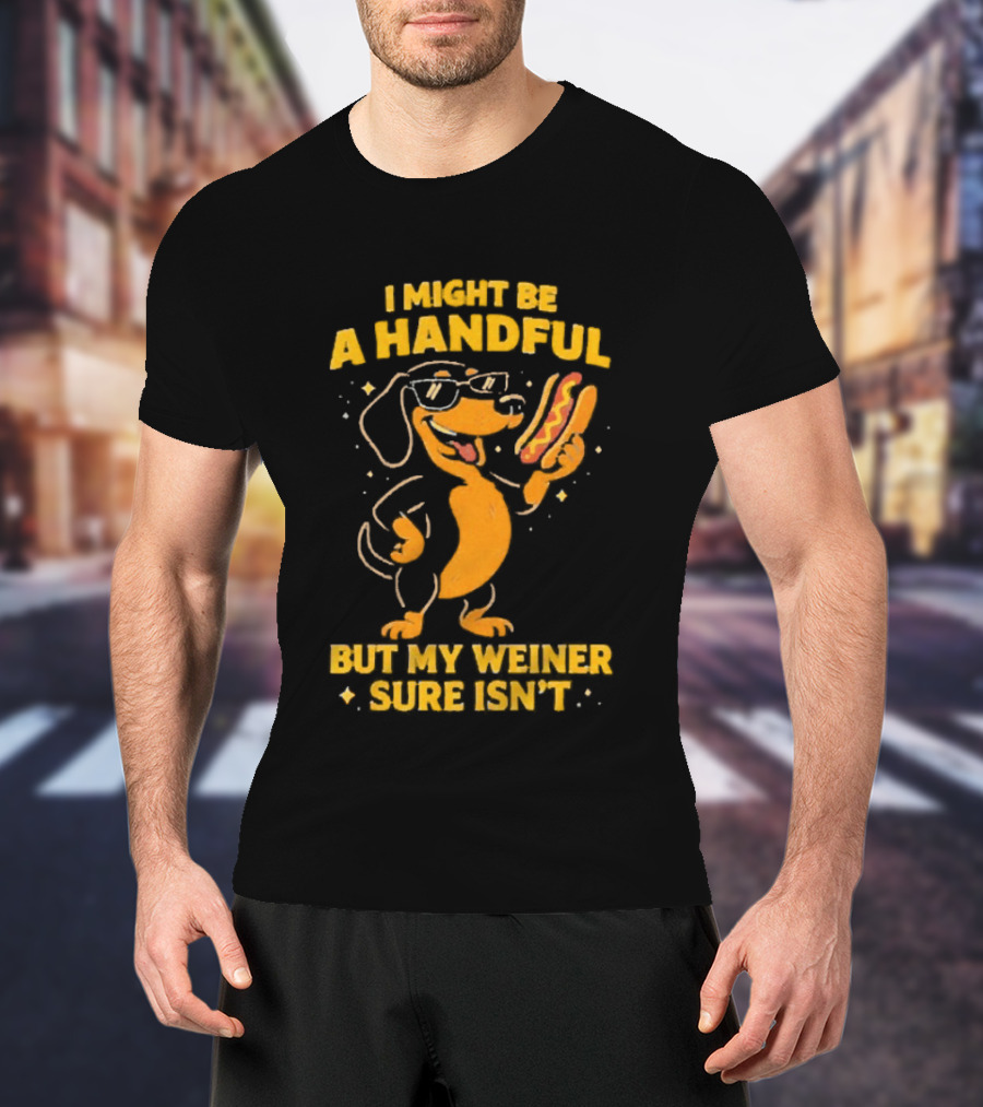 I Might Be A Handful But My Weiner Sure Isn't Hotdog Dog Wearing Glasses Holding Hotdog T-Shirt