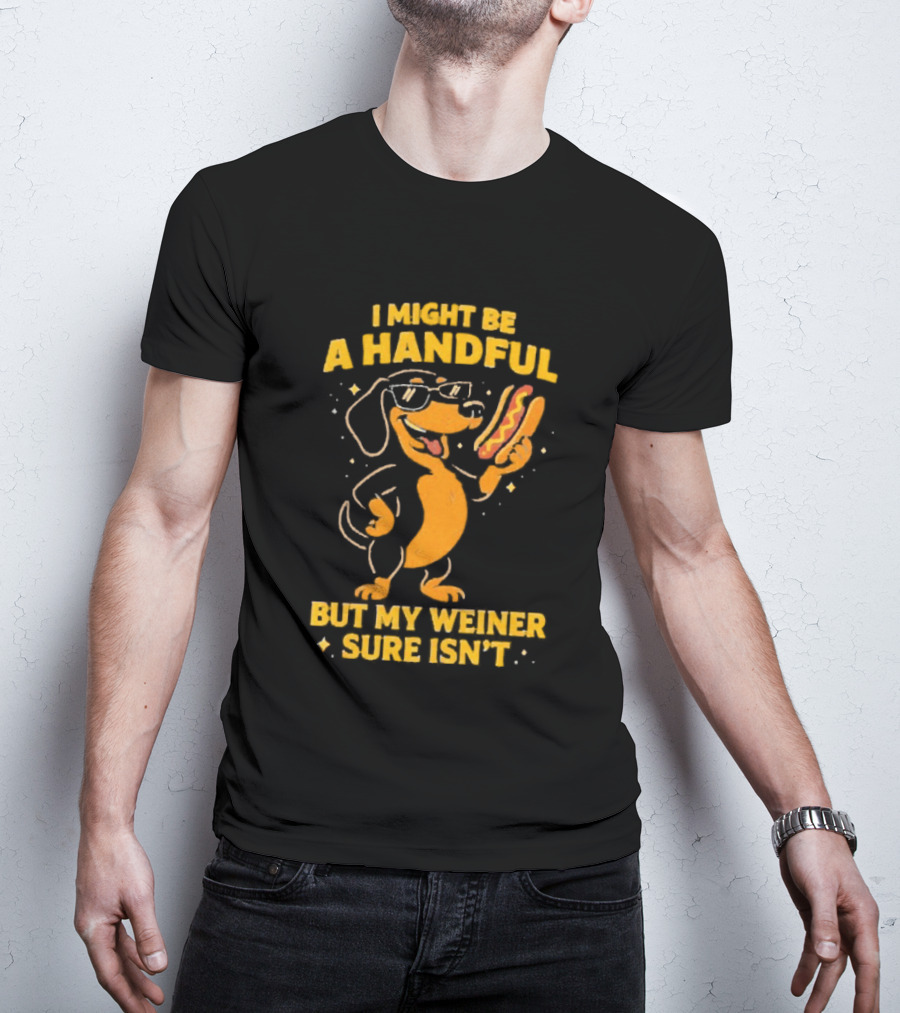 I Might Be A Handful But My Weiner Sure Isn't Hotdog Dog Wearing Glasses Holding Hotdog T-Shirt