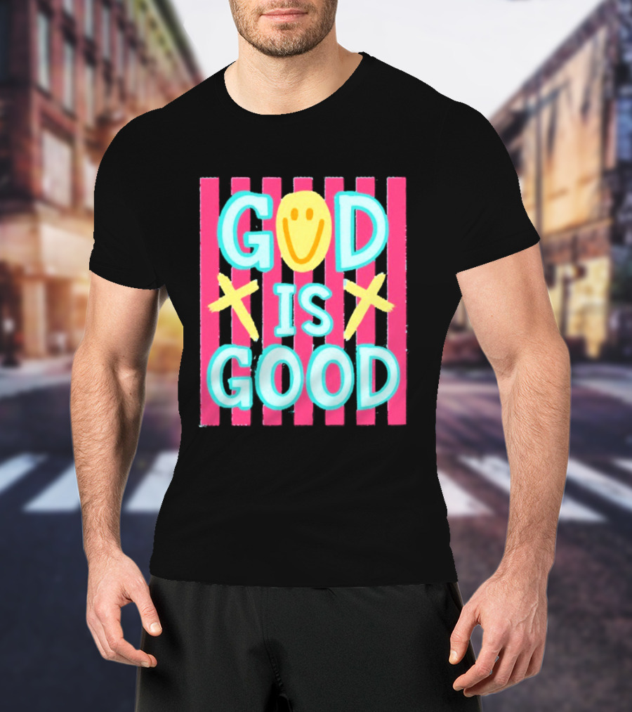 God Is Good Smiley Face Crosses Pink Stripes T-Shirt