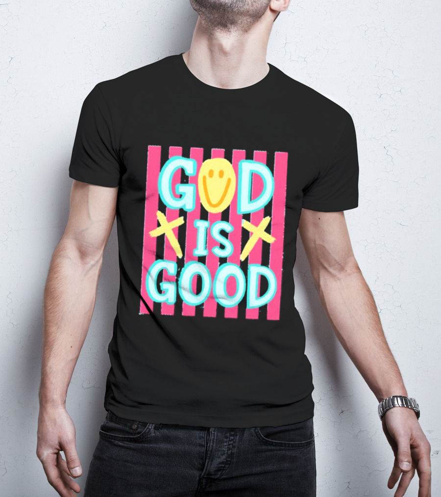 God Is Good Smiley Face Crosses Pink Stripes T-Shirt