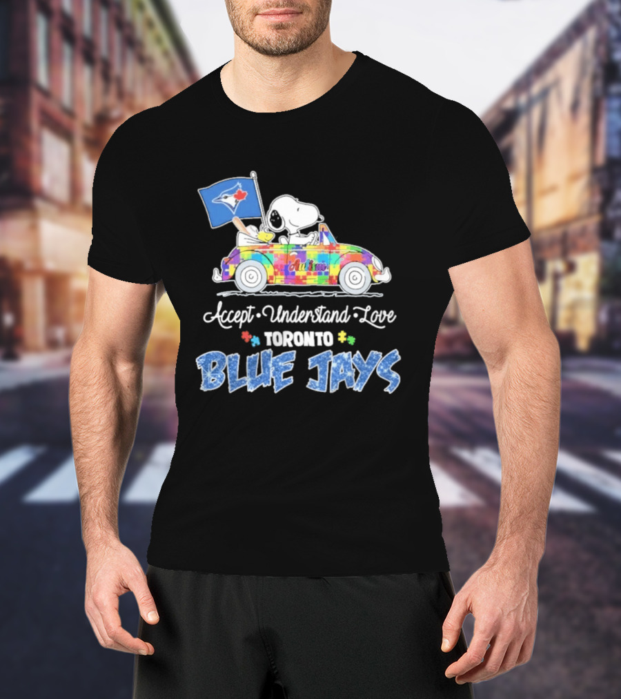 Snoopy Woodstock Driving Car Toronto Blue Jays Autism Awareness Accept Understand Love T-Shirt