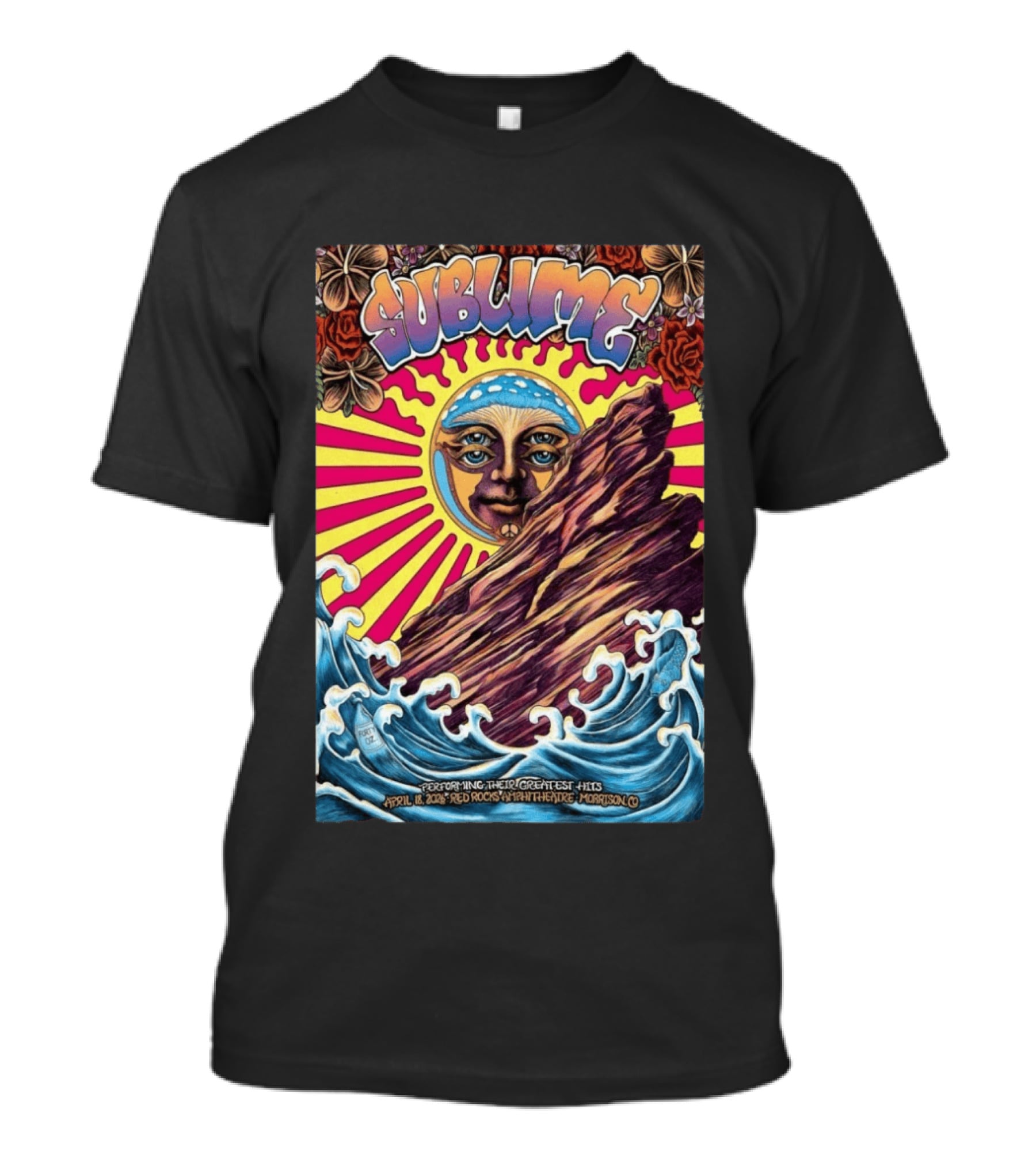 Sublime April 18 2026 Red Rocks Amphitheatre Morrison CO Performing Their Greatest Hits Sun Ocean Waves T-Shirt