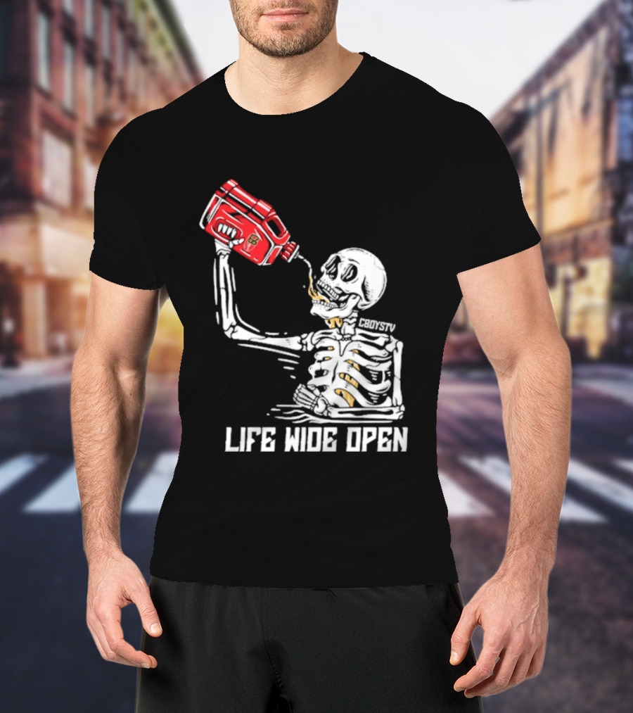 Cboystv Life Wide Open Skeleton Drinking Soul Fuel T-Shirt