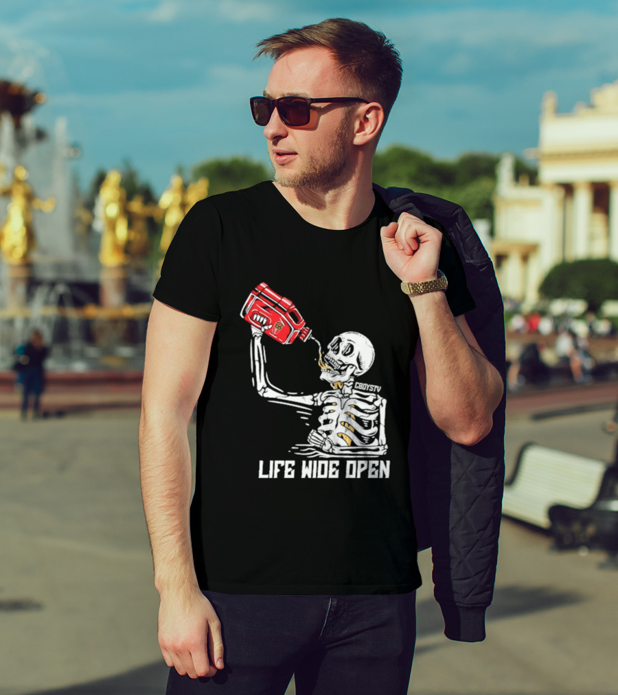 Cboystv Life Wide Open Skeleton Drinking Soul Fuel T-Shirt