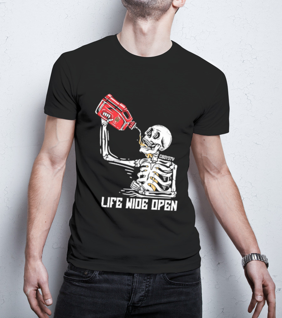 Cboystv Life Wide Open Skeleton Drinking Soul Fuel T-Shirt