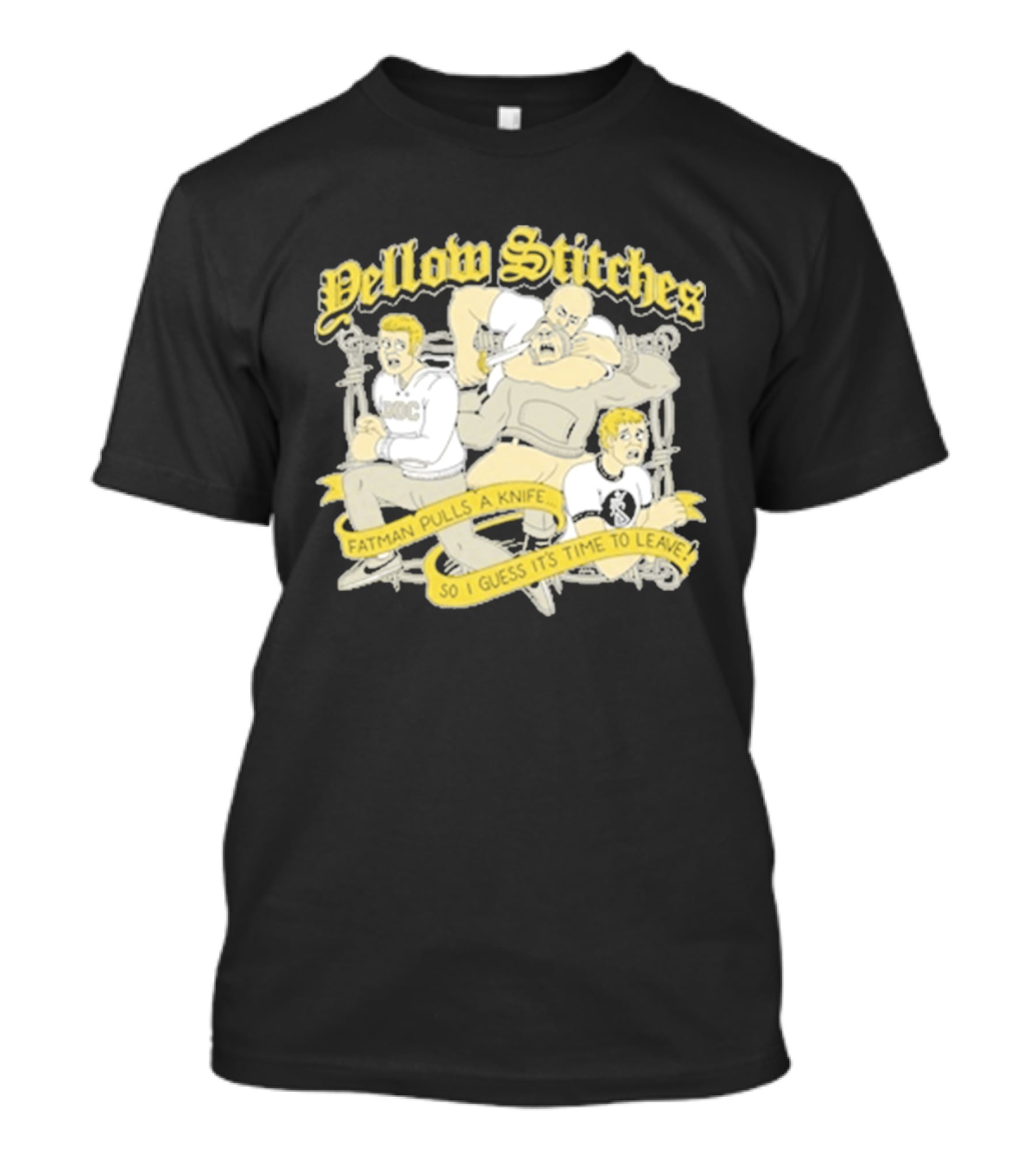 Yellow Stitches Friends Family Forever ROC Fatman Pulls A Knife T-Shirt