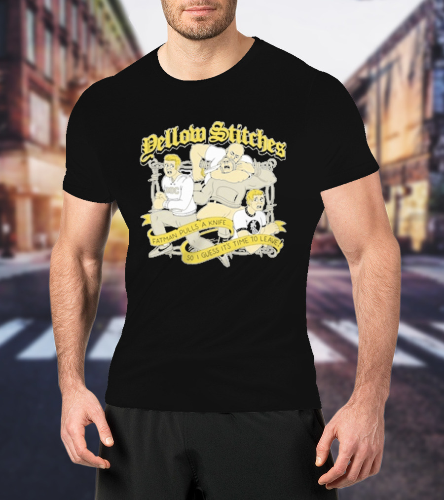 Yellow Stitches Friends Family Forever ROC Fatman Pulls A Knife T-Shirt