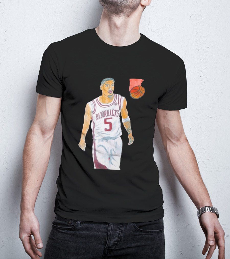 Arkansas Razorbacks Basketball Darius Acuff Jr. Caricature Player Number 5 T-Shirt