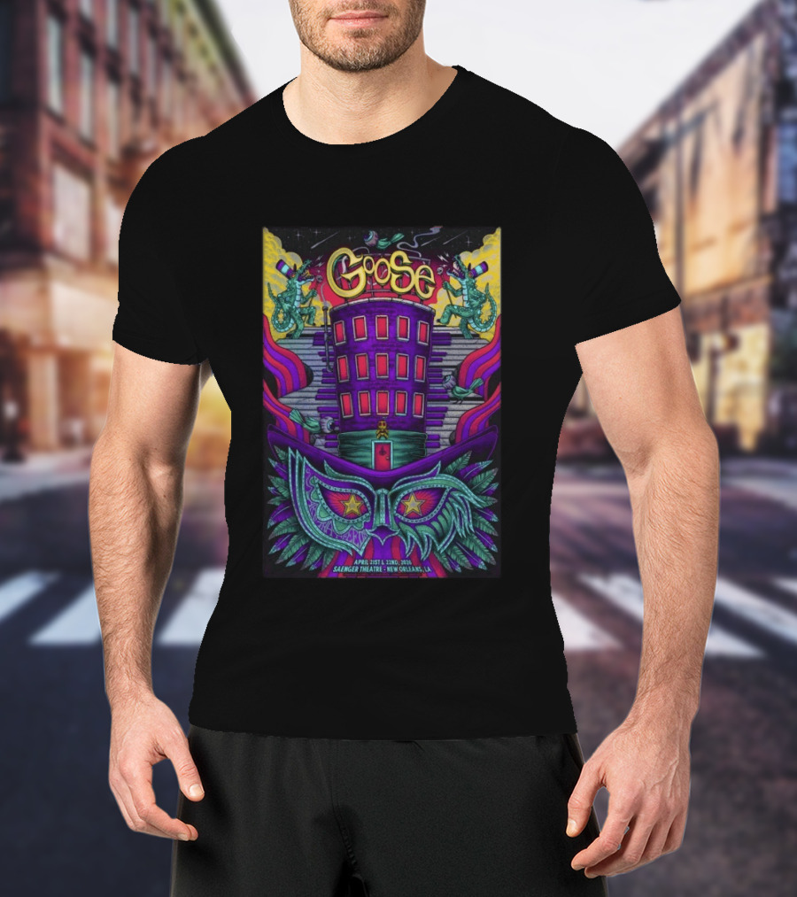 Goose Saenger Theatre New Orleans LA April 21 22 2026 Mardi Gras Gators Mask Art Deco T-Shirt