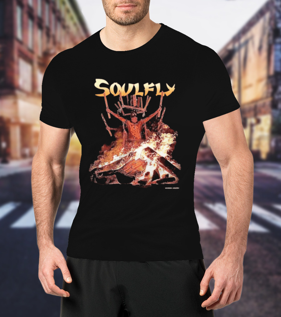Soulfly Chama Tribal Warrior With Flaming Bonfire T-Shirt