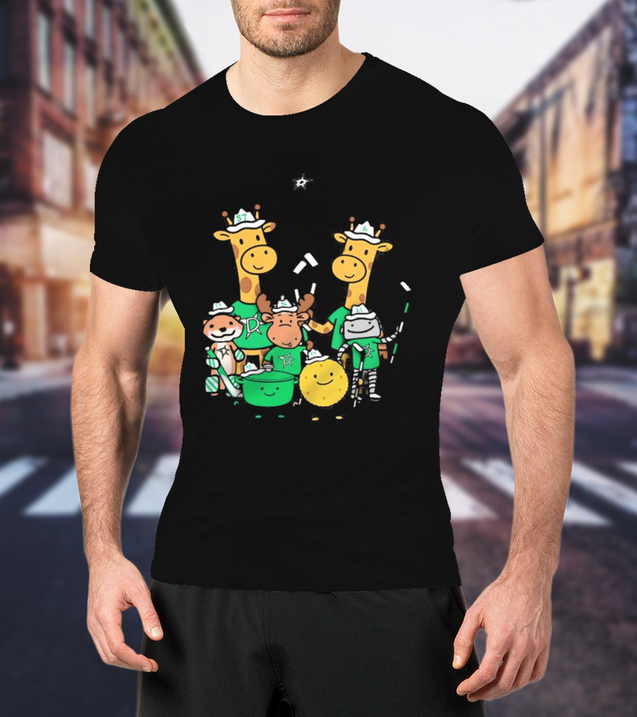 Dallas Stars Cartoon Characters Family Fun With Giraffe Moose Dog Bear And Cat T-Shirt