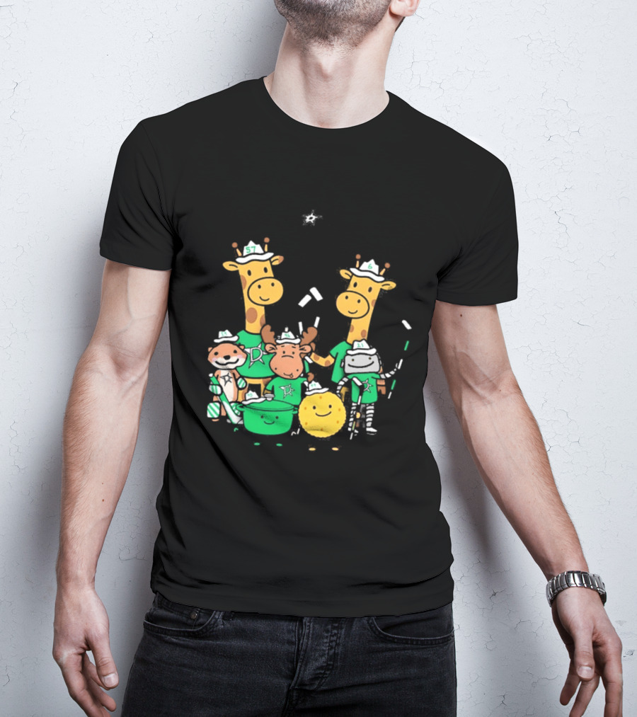 Dallas Stars Cartoon Characters Family Fun With Giraffe Moose Dog Bear And Cat T-Shirt