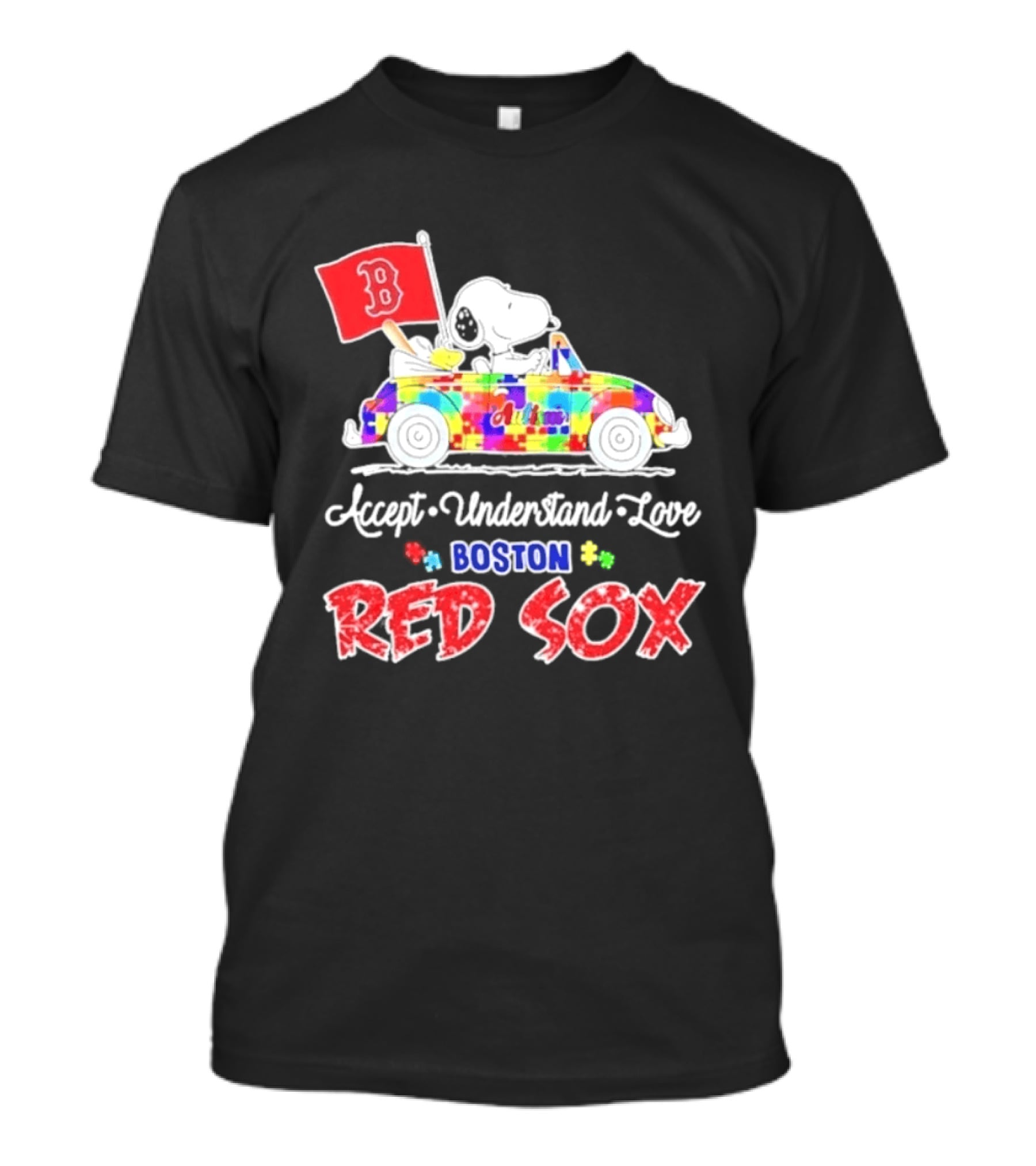 Snoopy Woodstock Boston Red Sox Driving Car Autism Awareness Accept Understand Love 2026 T-Shirt