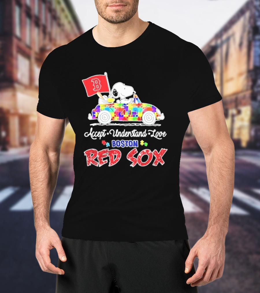 Snoopy Woodstock Boston Red Sox Driving Car Autism Awareness Accept Understand Love 2026 T-Shirt