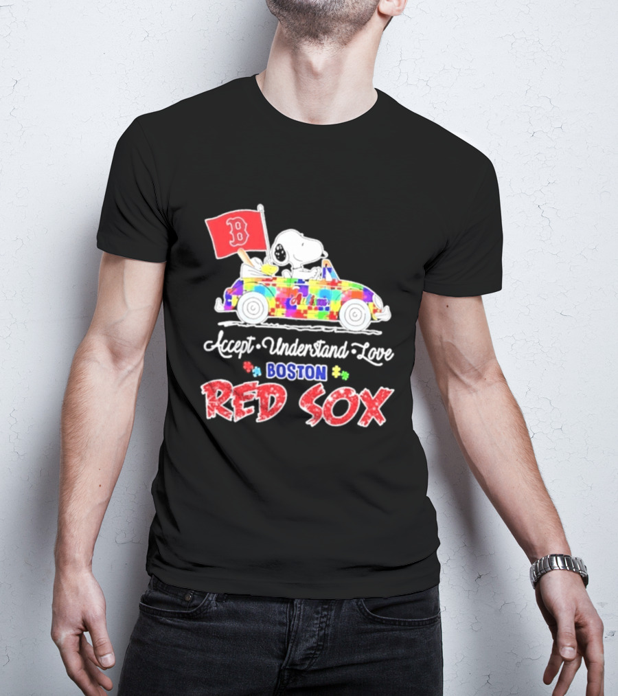 Snoopy Woodstock Boston Red Sox Driving Car Autism Awareness Accept Understand Love 2026 T-Shirt