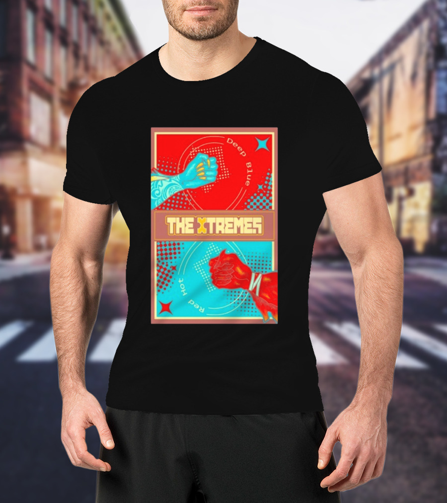 The Xtremes Deep Blue Red Hot Fist Bump Duel Comic T-Shirt