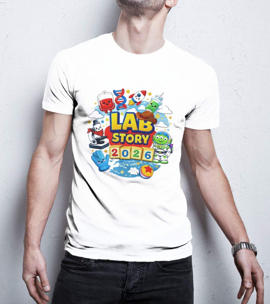 LAB STORY 2026 Cartoon Rocket Alien Science Adventure T-Shirt