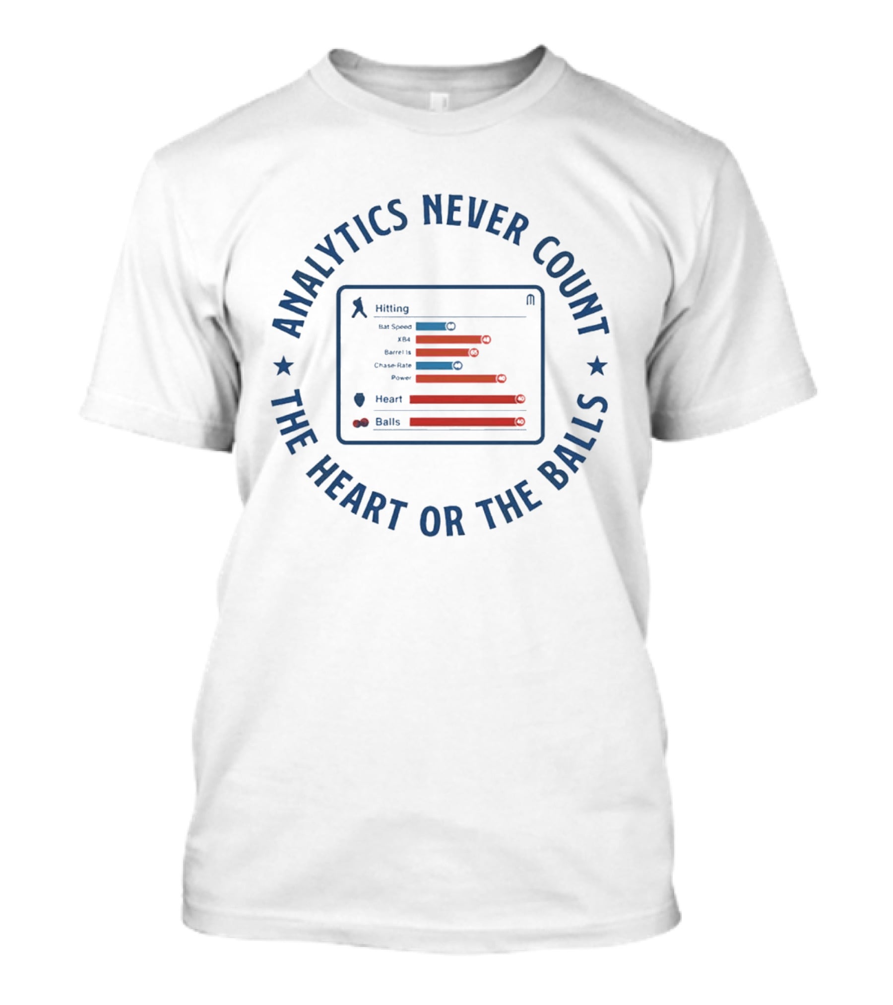 Analytics Never Count The Heart Or The Balls Stats Humor Playful Insightful Baseball Ranking T-Shirt