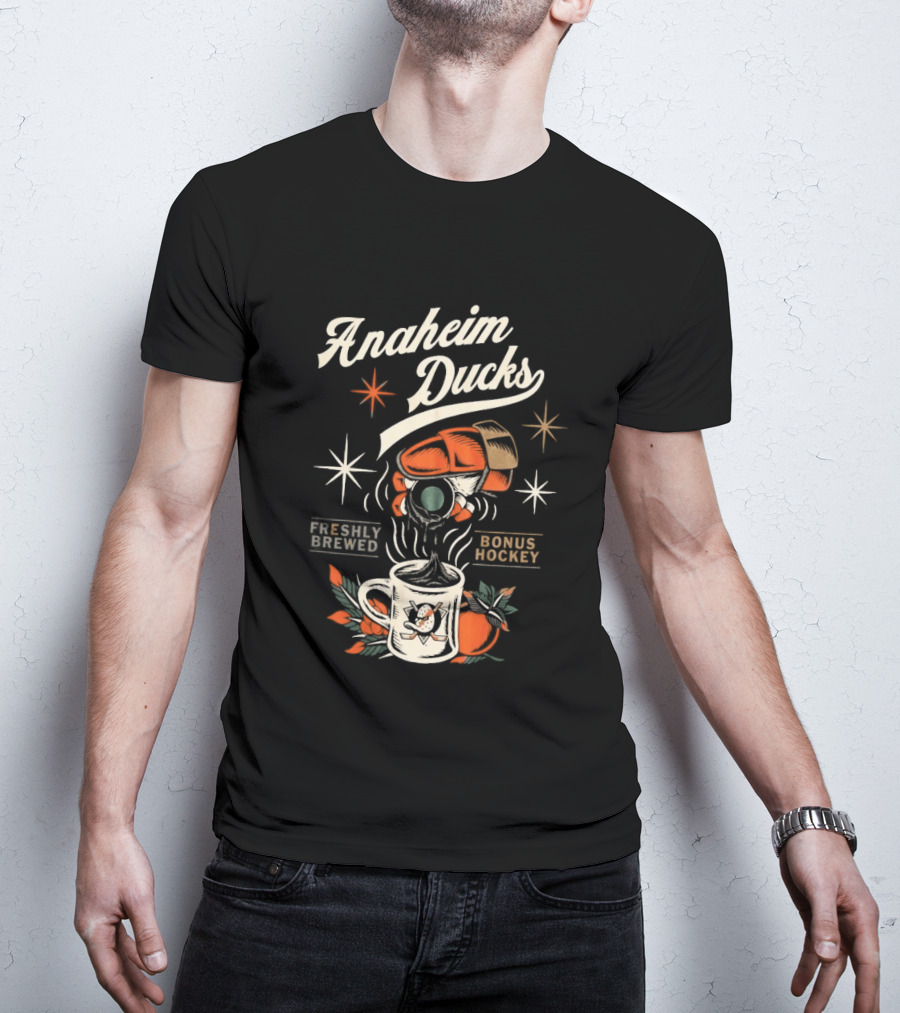 Anaheim Ducks Freshly Brewed Bonus Hockey Coffee Motif T-Shirt