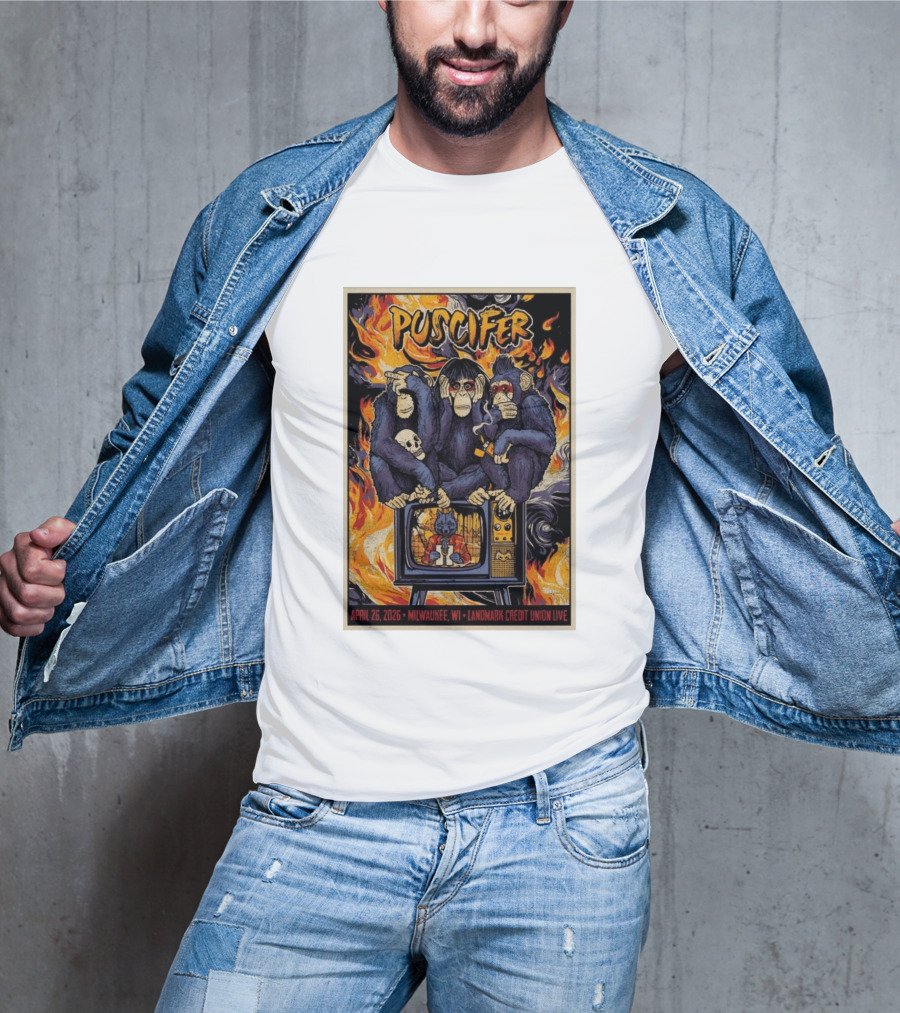 Puscifer April 26 2026 Milwaukee WI Landmark Credit Union Live Monkeys TV Flames T-Shirt