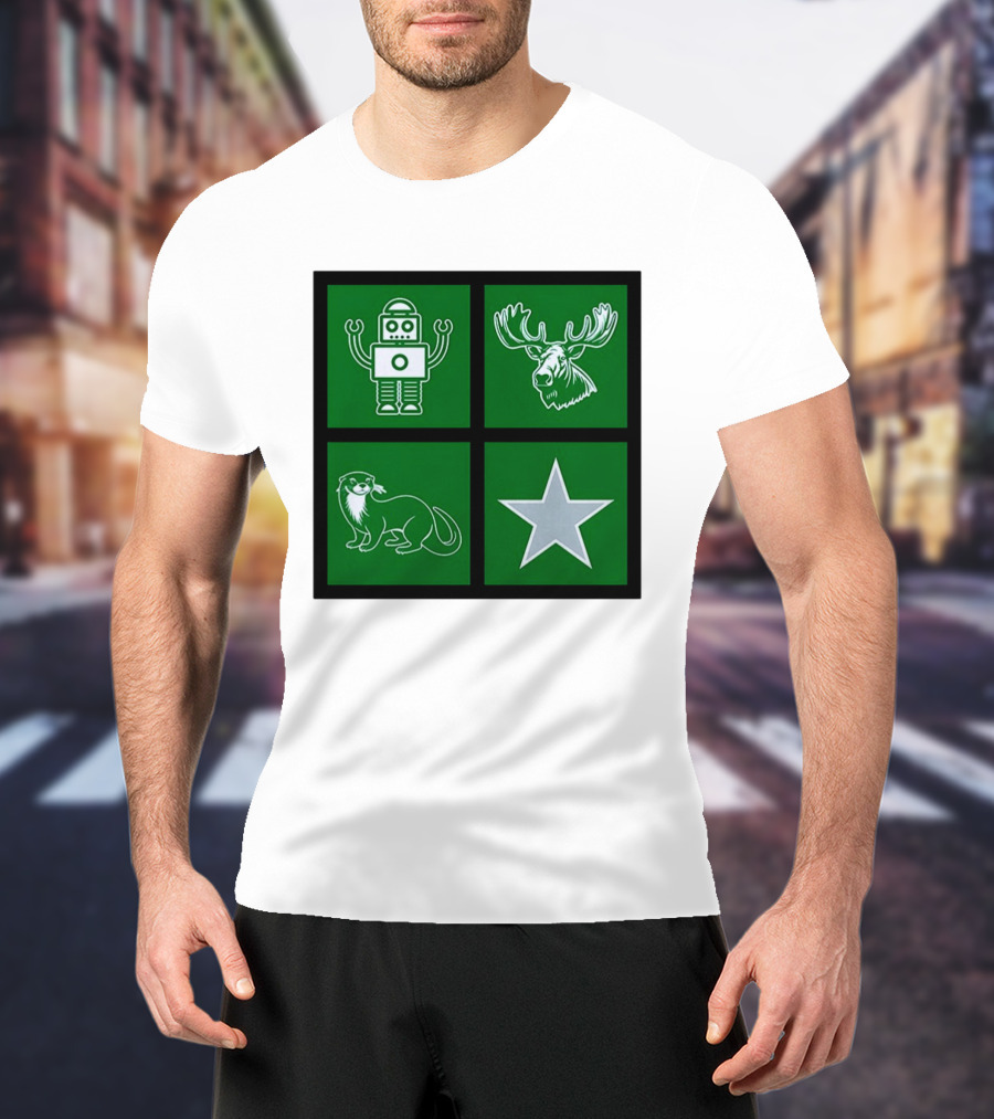 Robot Moose Otter Star Quadrant On Green T-Shirt