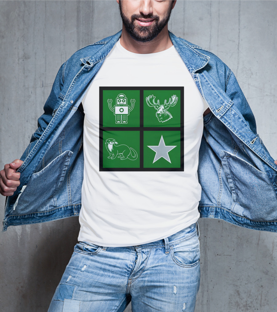 Robot Moose Otter Star Quadrant On Green T-Shirt