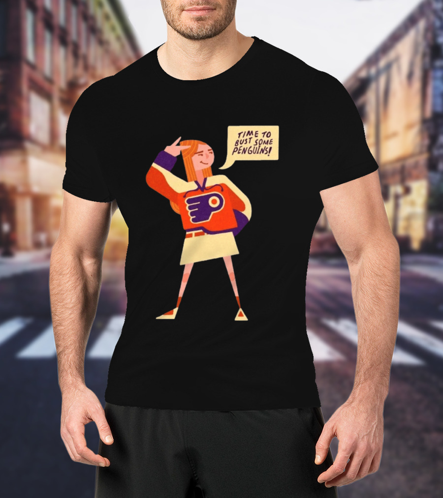 Philadelphia Flyers Time To Bust Some Penguins Retro Cartoon T-Shirt