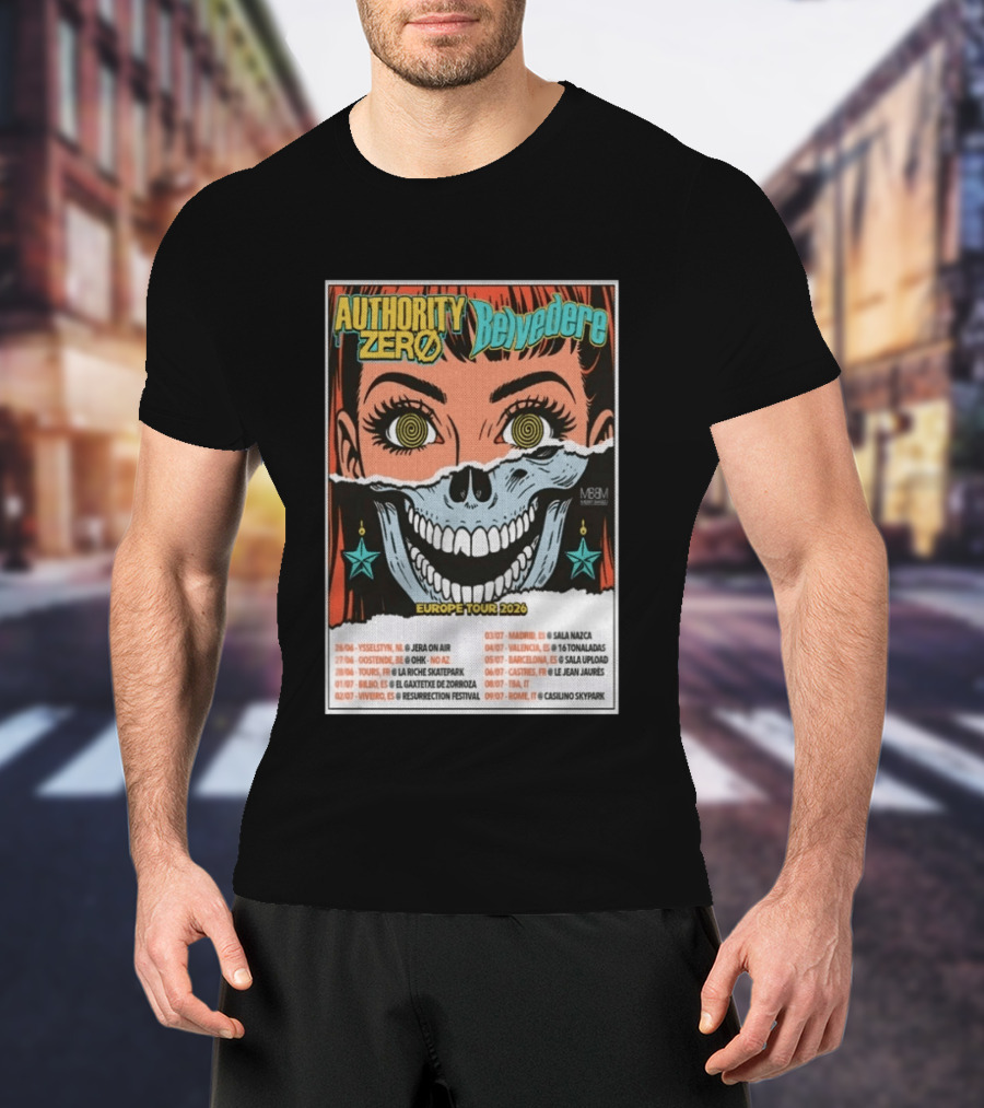 Authority Zero Belvedere Europe Tour 2026 Featuring Futuristic Comic Art Style With Date And Venue List T-Shirt