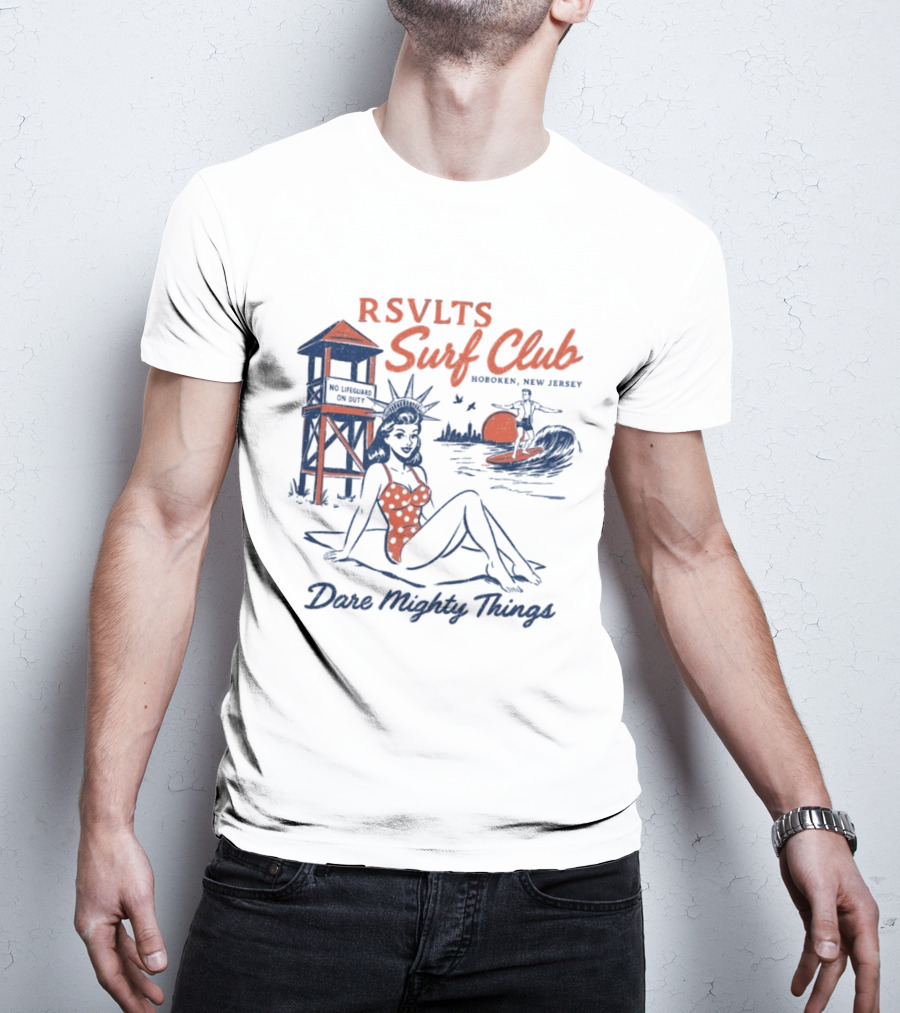 RSVLTS Surf Club Hoboken New Jersey Dare Mighty Things Statue Of Liberty Surfing Vintage Beach Scene T-Shirt