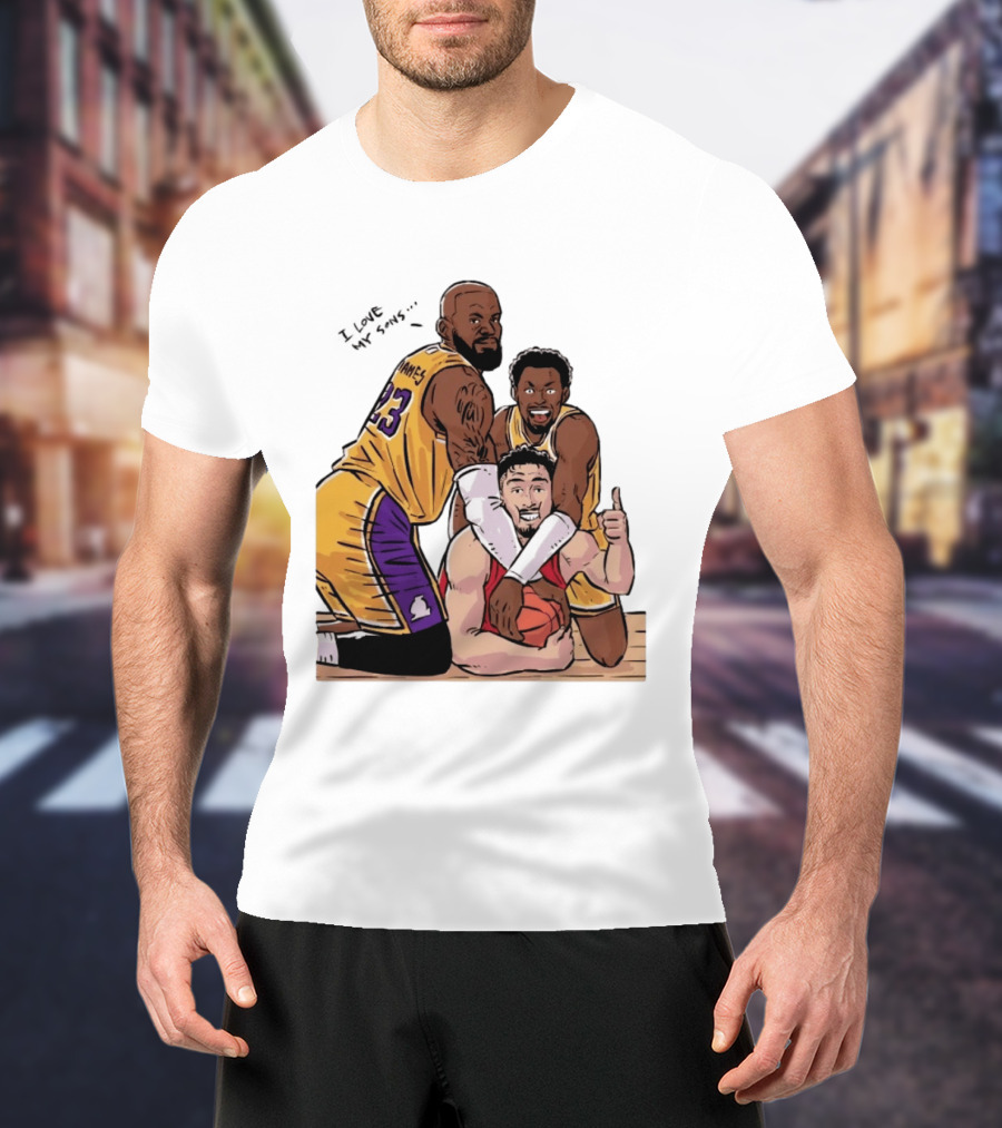 Lebron James Lakers Family Bronny Sengun Cartoon Basketball Scene T-Shirt