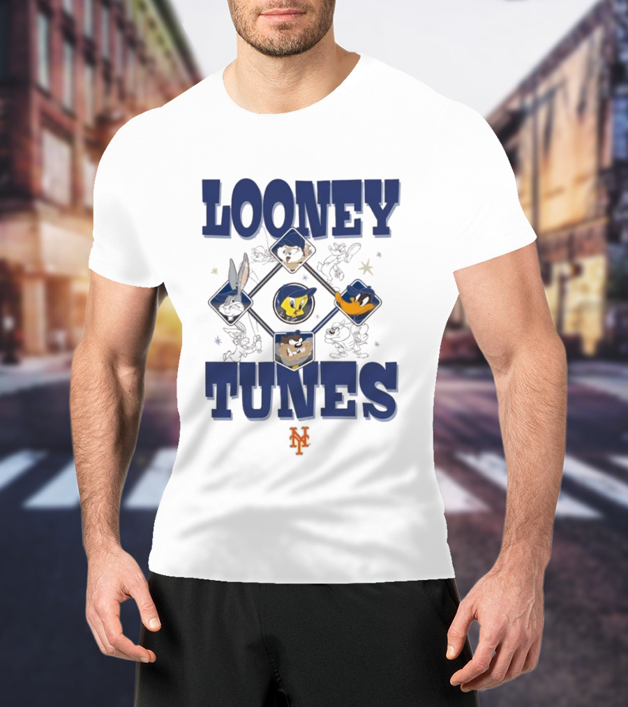 New York Mets Looney Tunes Bugs Tweety Daffy Sylvester Cream New Era T-Shirt