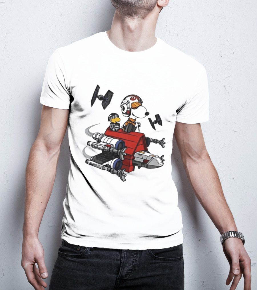 Space Beagle Snoopy Star Wars X Wing Doghouse Woodstock TIE Fighters T-Shirt