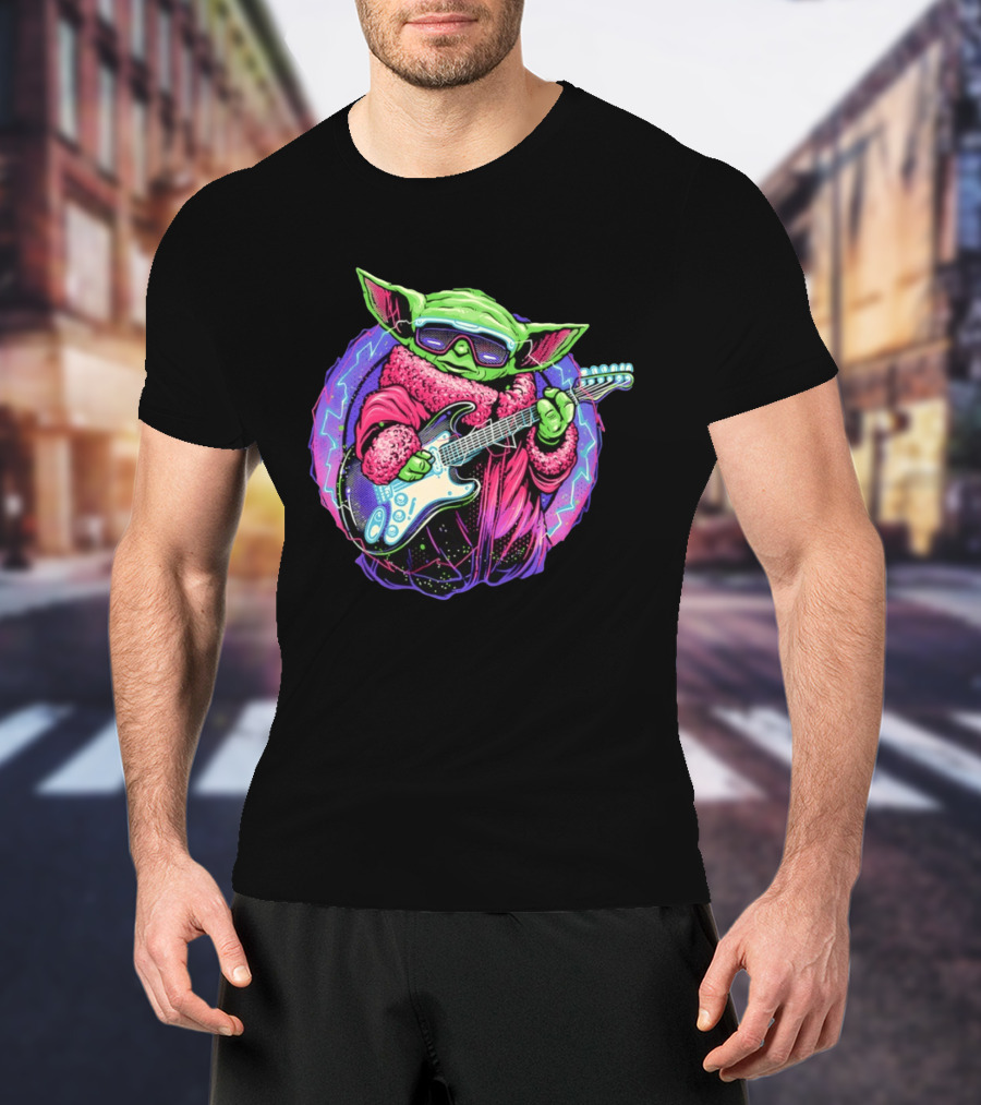 Grogu Electric Galaxy Guitar Blue Neon Lightning T-Shirt