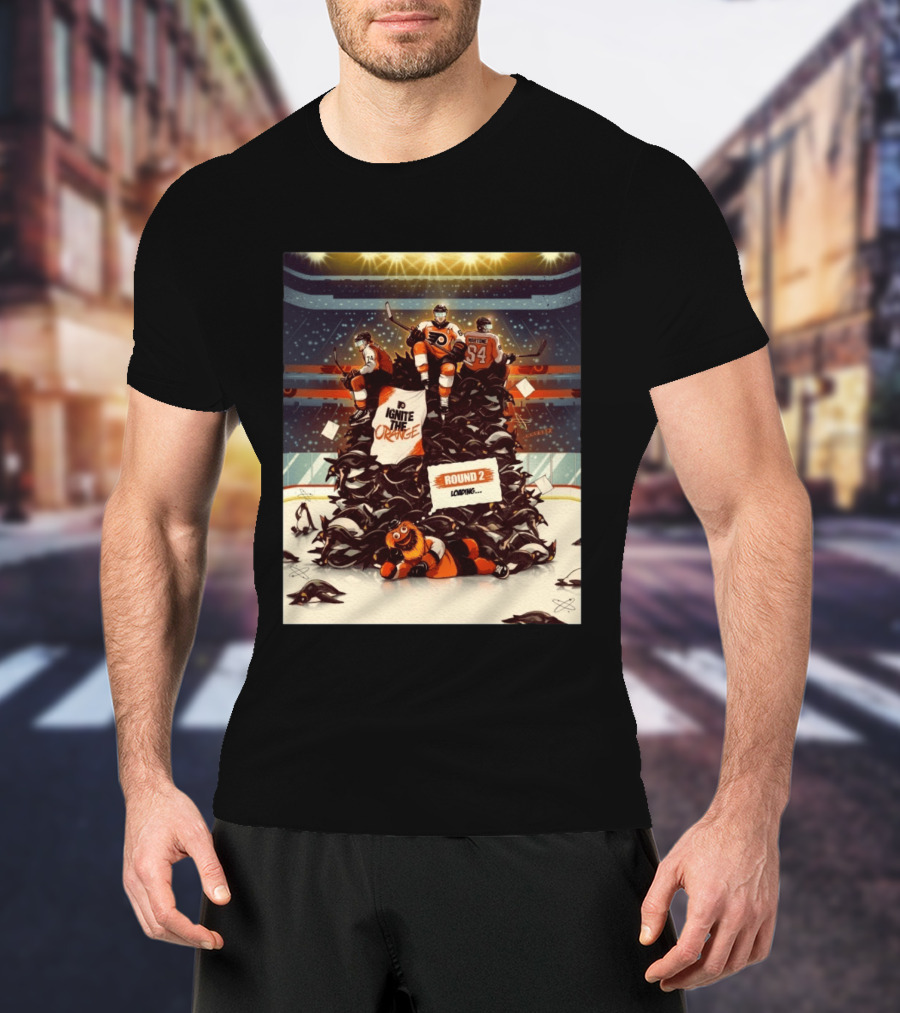 Philadelphia Flyers Ignite The Orange Round 2 Loading Cartoon Hockey Battle T-Shirt