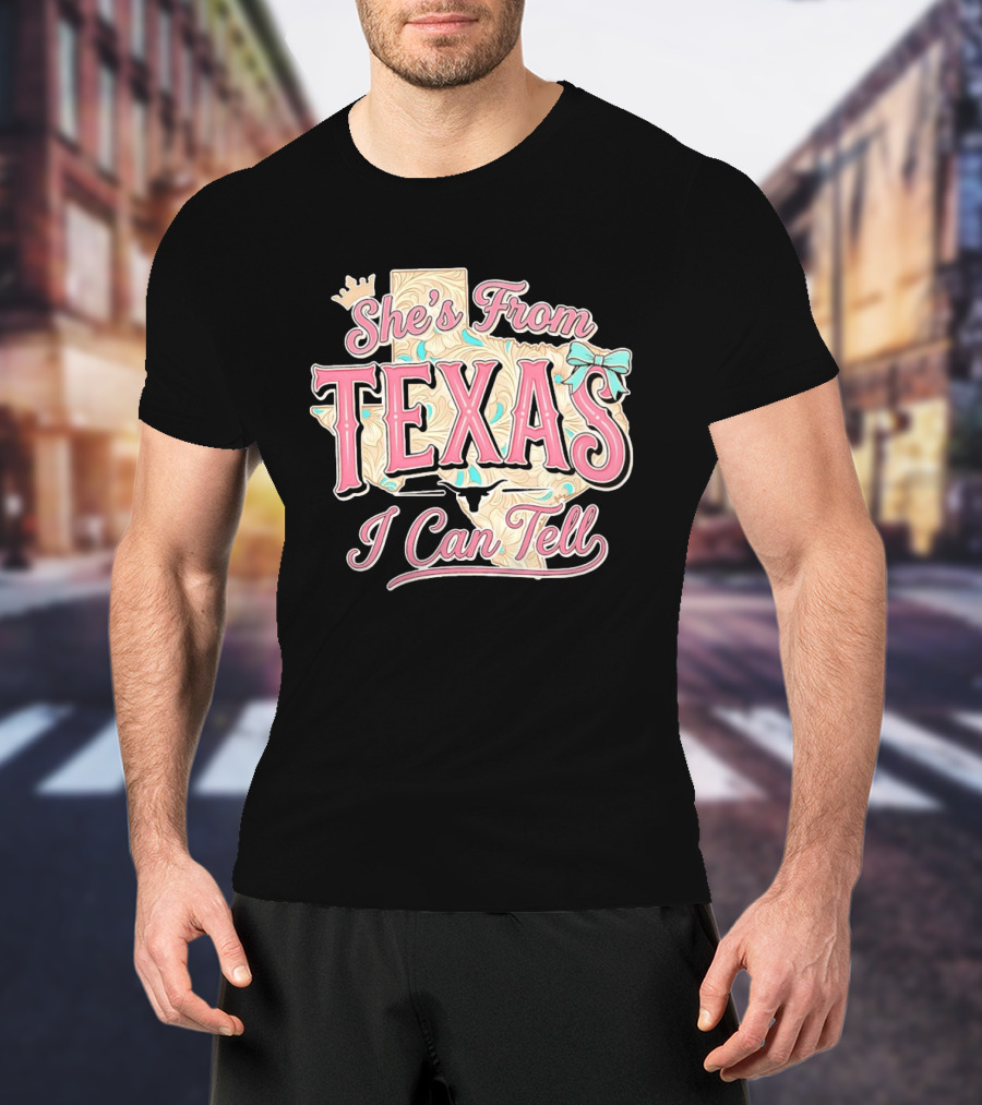 She's From Texas I Can Tell Texas Map Crown Bow T-Shirt