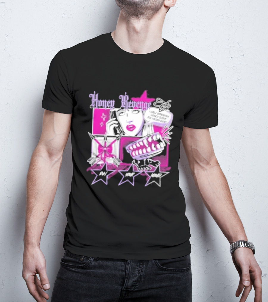 Honey Revenge Comic Style Pink And Black Lips Starburst T-Shirt