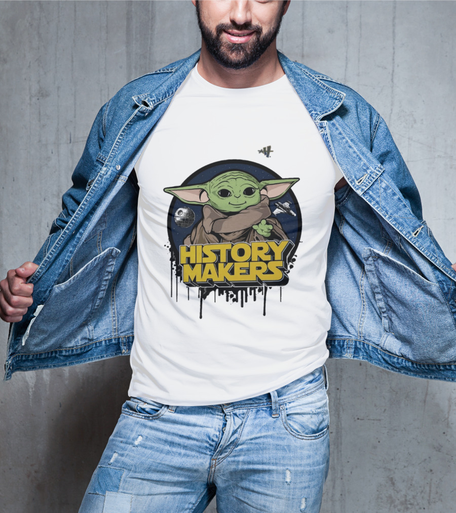 Baby Yoda History Makers Bold Text Starry T-Shirt