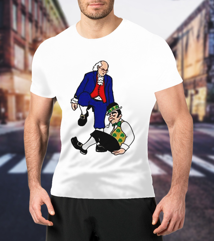 Ben Franklin Stepover Cartoon Colonial Vs Leprechaun T-Shirt